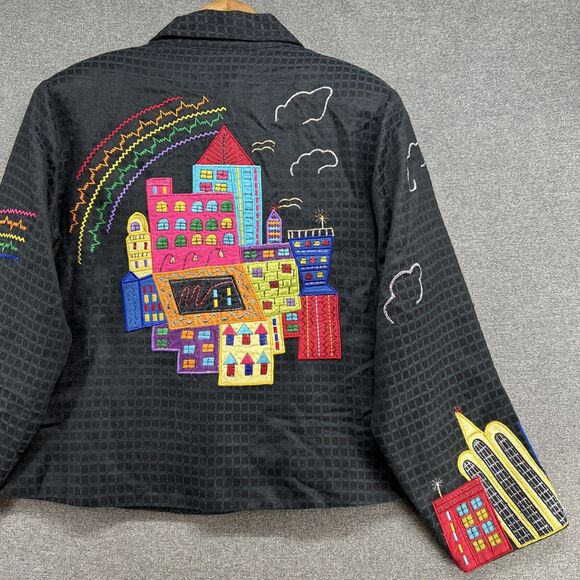PUSHPA Vintage Blazer Women's Medium Colorful Sky Scraper Buildings Rainbow 90s - Picture 9 of 15